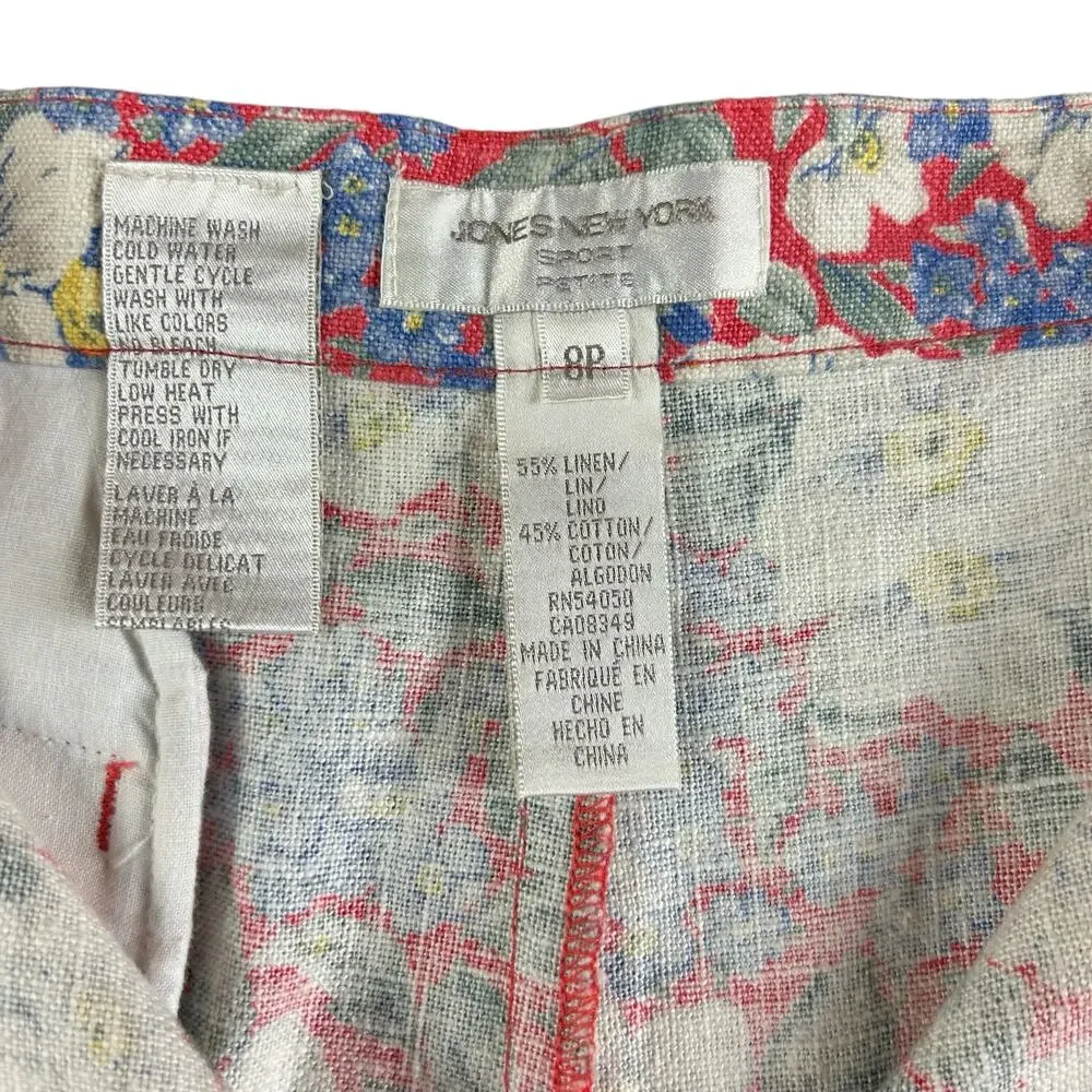 Jones New York Linen Cotton Shorts Petite Women Size 8P Red White Blue Floral